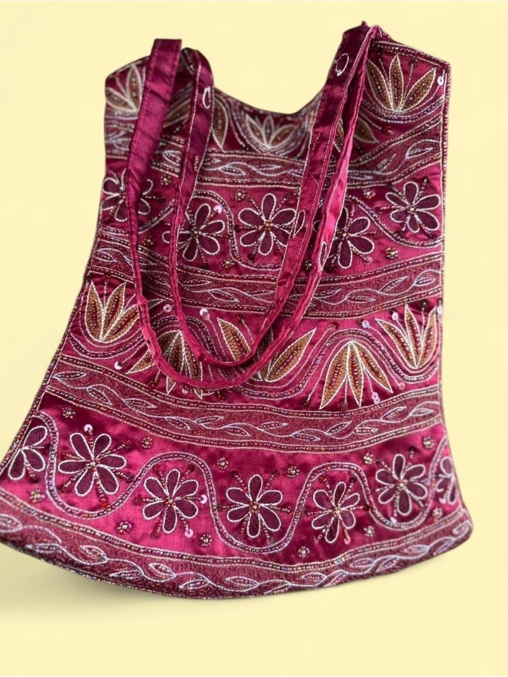 Embroidered Magenta Velvet Tote Bag